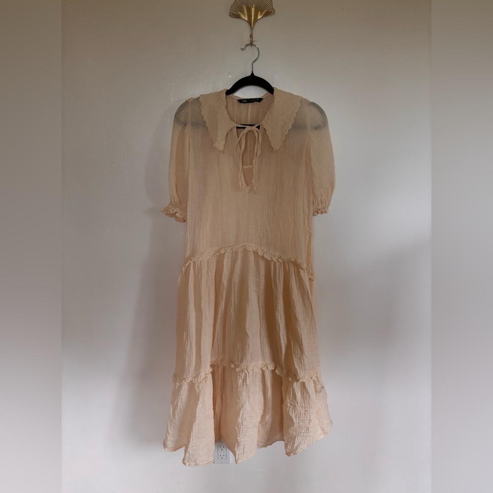 Zara Romantic Cream Gauze Tiered Midi Dress Lace Collar XS | A10